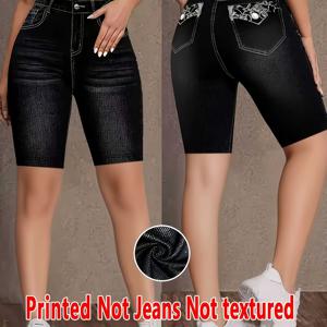 TEMU [프린트 팬츠 - 데님 소재 아님] 프린트 레깅스 - 데님 소재 아님 여성용 핏감 좋은 무릎길이 팬츠 데님 프린트 패션 여성용 레깅스|치마바지