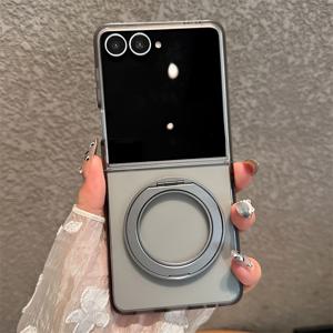 TEMU 삼성 갤럭시 Z 플립 7 ZFlip6 Zflip5 ZFLIP4 Zflip3 5G용 360도 링 회전 홀더가 있는 심플한 반투명 무광 접이식 휴대폰 케이스, 무선 충전 지원 투명 아크릴 범퍼 소프트 테두리 하드 백커버 쉘