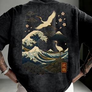 TEMU 남성용 일본 가나가와 학 프린트 티셔츠 - 오버사이즈 레트로 워싱 반팔 티, 주름 방지 원단, 야외 피트니스, 캐주얼웨어, 캠핑 및 데일리용으로 적합, 기계 세탁 가능한 루즈핏 셔츠