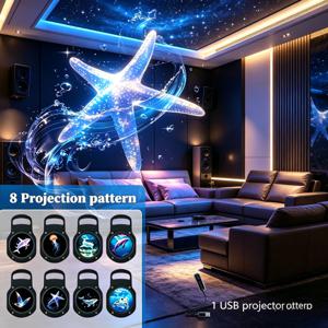 TEMU 휴대용 USB 드림 오션 크리에이터 프로젝션 야간 조명, LED 앰비언트 장식 램프, 360° 회전 가능 LED 프로젝터, 교체 가능한 오션 패턴 슬라이드 (고래, 해파리, 돌고래, 상어, 거북이, 나비, ), 벽, 바닥에 적합