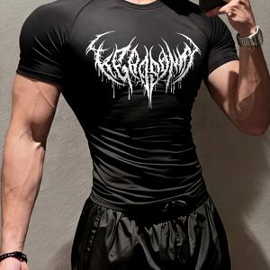 TEMU 남성용 래글런 슬림핏 반팔, 고딕 트라이벌 그래픽, 고탄성 통기성 스킨핏, 4침 6수 공법 – 헬스장, 스트리트웨어 & 캐주얼웨어용으로 완벽|짐웨어