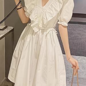 TEMU 여성용 여름 신상품 단색 영한 스타일 나이 감추는 퍼프 소매와 프렌치 스타일 러플 밑단 셔츠 원피스