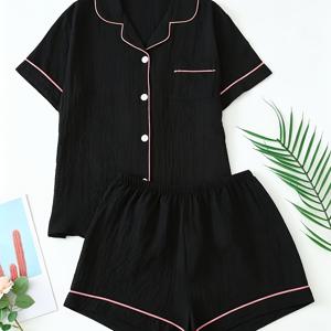 TEMU 여성 여름 블랙 잠옷 반팔 파자마 세트