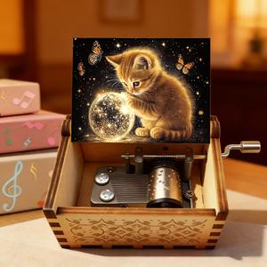 TEMU 고양이와 나비 스타버스트 크랭크 장치가 있는 핸드 크랭크 오르골 1개, 반짝이는 멜로디, 생일, 장식, 방 선물용, 인조목 동화 이야기 장치, 레트로 뮤지컬 선물