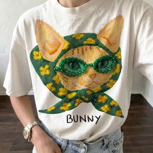 TEMU 유화 스타일 그린 헤드스카프 고양이 프린트 티셔츠, 창의적인 헤드스카프 고양이 프린트, 여름 의상, 여성 봄 여름 의류, 여름 및 봄 반팔 라운드넥 캐주얼 탑, 여성 의류, 여름 탑