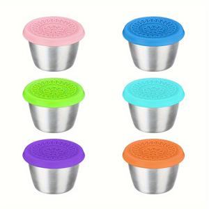 TEMU 2/6개 스테인리스 스틸 샐러드 소스 용기, 2.4Oz 재사용 가능한 소스 용기 (누수 방지 실리콘 뚜껑 포함), 점심 및 딥핑 소스에 적합, 레스토랑 용품, 피크닉 여행용 식기