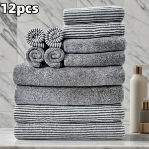 TEMU 12피스 솔리드 컬러 타월 세트, 욕실 타월 4개 & 핸드 타월 4개 & 워시클로스 4개, 가정용 마이크로파이버 타월, 부드러운 욕실 타월 세트, 흡수력 좋은 욕실 타월, 욕실 용품, 욕실 액세서리