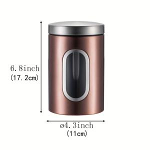 TEMU 1개 투명 브론즈 스테인리스 스틸 밀폐 용기, 용량 표시 창 포함 - 커피, 차, 설탕 보관에 적합 - 튼튼하고 내구성이 뛰어난 재사용 가능한 원형 식품 용기 (스낵, 비스킷, 밀가루, 콩 보관용) - 손세척 권장