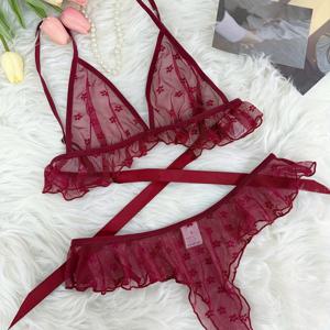 섹시한 버건디 시스루 메쉬 플로럴 레이스 란제리 세트, 러플 장식 브라렛 & 팬티, 여성용 로맨틱 딥 브이 속옷