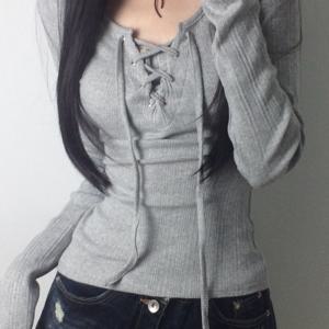 TEMU AERV 콘아이 레이스업 브이넥 티셔츠, 스타일리시한 슬림핏 상의, 일본 한국 스타일