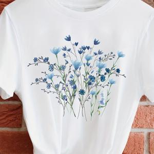 TEMU 여성용 꽃무늬 프린트 티셔츠 - 가볍고 통기성 좋은 여름 캐주얼 탑, 라운드 넥라인, s, 파란색 & 흰색 꽃 디자인, 여성용 티셔츠, 새해