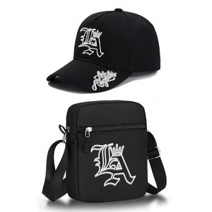 TEMU 2개 LA Crown Letter 유니크 패턴 디자인 프린트 세트: 야구 모자 및 크로스바디 백, Y2K 스트리트 패션 트렌디 아웃도어 캐주얼 스포츠 남녀 야구 모자 곡선 브림 모자 및 숄더백, 조절 가능, 자가 선물 및 친구 선물