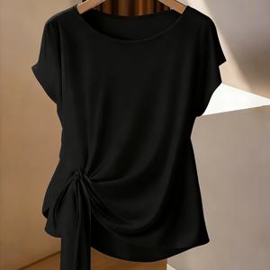플러스 사이즈, 멀티 컬러 옵션, 여성용 플러스 사이즈 루즈핏 우아한 휴가 캐주얼 활용도 높은 여름 시원한 배트윙 슬리브 단색 라운드넥 탑, 묶는 끈이 있는 패셔너블한 상의