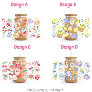 TEMU 4pcs 레트로 스타일 체리 레몬 블루베리 피크닉 농가 UV DTF, 16 Oz 유리 캔에 적합, 매력적인 컨트리 스타일 과일 및 꽃 UV DTF 컵 랩, 병, 보온병, 소박한 미적 UV DTF 컵 랩