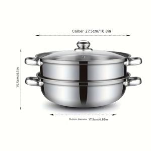 다층 스테인리스 스틸 찜기, 28cm 이중층 강화형 다기능 다단계 수프찜기 전골냄비, 찜기와 전골 수프냄비 이중용도, 가스레인지 및 인덕션용 가정용 만능 조리냄비