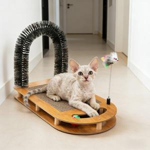 TEMU In- 고양이 스크래쳐 보드, 그루밍 브러시 & 아치형 장난감 포함 - 인터랙티브 셀프 그루밍 , 부드러운 강모, 미끄럼 방지 베이스 & 스크래치 방지 표면, 실내 고양이용, 펫 침대 및 바닥용 다기능 클라이밍
