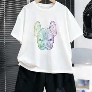 TEMU 2pcs 남아용 반팔 및 반바지 세트, 캐주얼 패션 스타일, 기하학적 프랑스 불독 패턴 프린트, 여름 야외 스포츠 의상, 부드럽고 통기성 좋은 남아용 반팔 라운드넥 티셔츠 및 반바지 세트, 야외 활동에 적합
