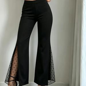 TEMU 6219 신상 단색 물방울 무늬 메쉬 스플라이스 플레어 팬츠. 하이웨이스트 플레어 디자인, 팬츠 옆면에 물방울 무늬 메쉬 스플라이스, 탄성 허리 밴드. 신축성 있고 편안한 원단. , 출퇴근, 데이트, 파티