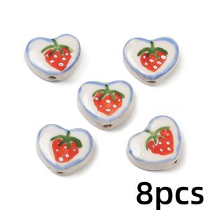 하트 모양 딸기 패턴 세라믹 구슬 8개, DIY 팔찌 및 목걸이 주얼리 제작용