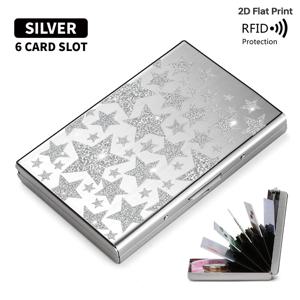TEMU RFID 차단 기능이 있는 슬림 메탈 카드 홀더, 은색 글리터 별 디자인. 초박형 도난 방지 지갑으로 간편하게 사용 가능하며 남녀 모두에게 적합합니다. 크리스마스 선물용으로 이상적인 비즈니스 카드 케이스입니다.
