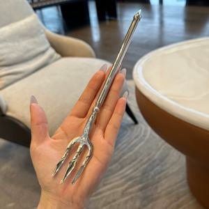 1/2세트, 스테인리스 스틸 크리에이티브 투톤 디저트 포크, 샐러드 포크, 과일 포크, 파스타 포크, 긴 손잡이 광택 넵튠 삼지창, 은빛 금색 포크