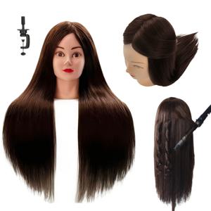 [85% 인모 마네킹] 조절 가능한 클램프 스탠드가 있는 85% 인모 마네킹 헤드 | 미용사 훈련, 펌 & 메이크업 연습용 긴 브라운 헤어 | 남녀 공용 성인용, 미용사 훈련 도구, 튼튼한 베이스 구조, 헤어 추가
