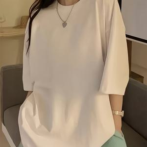 TEMU 일본 및 한국 스타일 여성용 루즈핏 드롭 숄더 단색 트렌디한 패션 한국 스타일 기품 있는 활용도 높은 캐주얼 탑, 화이트 심플한 출퇴근용 중년 여성용 라운드넥 풀오버 반팔 티셔츠