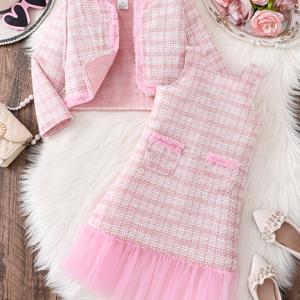 TEMU 2pcs 여아용 간편 다용도 봄/가을 의상, 체크 프린트 라운드넥 가디건 스타일 재킷 및 베스트 스타일 라운드넥 미디 기장 드레스, 여아용 야외 감성 젊은 에너지 옷, 야외용