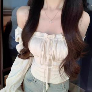 TEMU 여성 오프숄더 셔링 블라우스 퍼프소매 슬림핏 크롭티 힙한 스트링 리본 데이트룩 페미닌 몸매보정 화이트 봄가을 긴팔 티셔츠