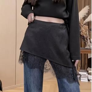 TEMU 여성용 Y2K 라인스톤 & 레이스 미니 스커트, 불규칙한 밑단 & 사이드 타이 클로저 - 솔리드 블랙 하프 스커트, 나이트클럽, 파티웨어, 의상에 적합, 손세탁 가능, 사계절 활용 가능한 스타일