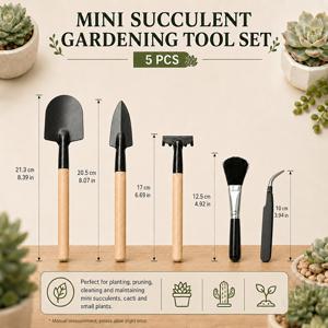 TEMU 5pcs 미니 다육이 정원 가꾸기 도구 세트, 흙손, 갈퀴, 핀셋 & 브러시 포함 식물 관리 키트, 실내 분재, 선인장 & 화분용, 나무 손잡이, 가볍고 내구성 좋음
