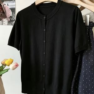 TEMU 디렉셔널 스타일 여성용 라운드넥 반팔 단색 싱글 버튼 가디건, 여름용 얇고 부드러운 숏 탑