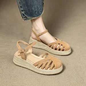 TEMU 빈티지 우븐 오픈워크 로만 샌들 여성용, 플랫폼 웨지힐 싱글 버클, 플랫폼 솔, 루프 스트랩, 데일리 캐주얼 여성 샌들, 여성 신발