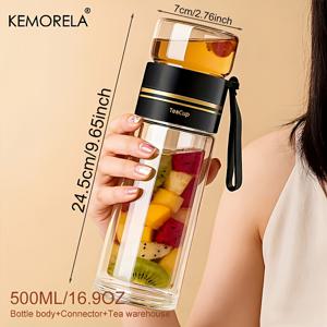 TEMU KEMORELA 1개 500ml/16.9oz 이중벽 붕규산 유리 티 인퓨저 컵 - 스테인리스 스틸 필터 (루스 리프 & 허브 티 백용) - 휴대용 여행용 머그 (사무실, 서재 & 외출용) - 내열성 누출 방지 디자인