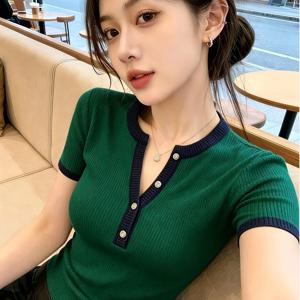 TEMU 여성용 복부 보정 브이넥 티셔츠 - 신축성 높은 아이스 섬유 반팔 상의, 복부 보정 및 나이 감추는 효과, 봄 여름 가을 레이어링용, 캐주얼 단색 블렌딩 셔츠