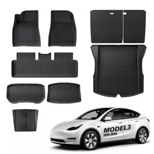 TEMU Tesla Model 3 Highland 2024-2026 풀 세트 TPE 차량용 매트, 카고 라이너 & 수납 카고 라이너 & 시트백 보호 매트, 무취 미끄럼 방지, 내구성 바닥 매트, 프런트 & 카고 트렁크 매트 추가 8개