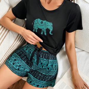TEMU 코끼리 레트로 프린트 티셔츠와 반바지 파자마 세트 2pcs