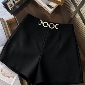 TEMU 허리 주름에 메탈 체인 장식이 있는 하이웨이스트 반바지, 여성 봄/여름 스타일, 출퇴근, 데일리 활용 가능한 슬림핏 하의 의류