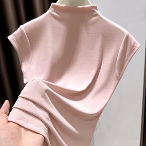 TEMU 여성용 여름 아이스 파이버 원단 골지 반팔 티셔츠, 하프 터틀넥 슬림핏 베이스 레이어 탑
