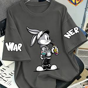TEMU 트렌디한 벅스 버니 스트리트 프린트, 만화 밀크티 버니 캐릭터 패턴, Warner Bros. IP 스타일 남성용 티셔츠, 캐주얼 패션 활용도 높은 새로운 남성용 상의, 트렌디한 스트리트웨어 니치 디자인 반팔, 일상 출퇴근, 파티, 휴일 데이트, 휴가 여행, 학생, 커플 의상, 부모-자녀 매칭, 생일 및 휴일 선물용으로 적합