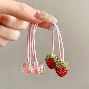 TEMU 2개 여성용 스위트 귀여운 컬러풀 라인스톤 딸기 헤어 곱창, 고탄력 헤어 타이, 귀여운 스타일 포니테일 홀더 추가