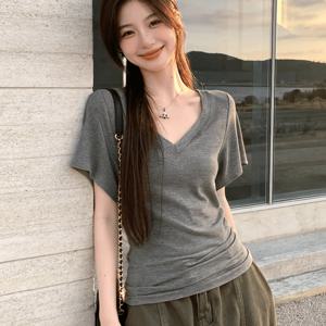 TEMU 아시아 사이즈 여성용 슬림핏 허리 조임 티셔츠, 짧은 기장, 반팔, 여름용 미드슬리브 상의, 그레이 단색, V넥, 슬림핏, 70-130Lbs용, 주름이 있는 활용도 높은 여름 티