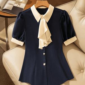 TEMU 여성용 신상 네이비 블루 & 베이지 컬러 블로킹 셔츠 - 빈티지 피터팬 칼라 + 러플 보우 타이, 퍼프 소매 + 메탈 버튼, 우아한 오피스룩 슬림 허리 감성 셔츠, 프렌치 스타일