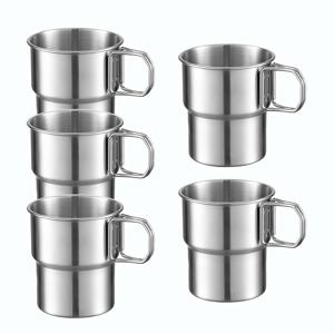 TEMU 5개 304 스테인리스 스틸 캠핑 싱글 레이어 컵, 300ml/10oz 또는 480ml/16oz 휴대용 스태킹 머그 (접이식 손잡이, 미끄럼 방지 바닥, 녹 방지 음료 용기 포함) 아웃도어 모험, 하이킹, 낚시, 백패킹용