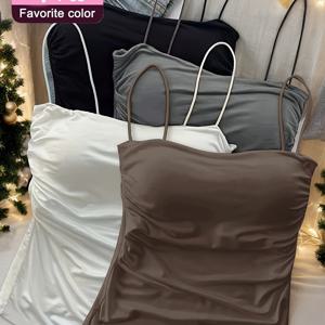 TEMU 여성용 패드 내장 캐미솔 4pcs, 러치드 웨이스트, 신축성 좋고 피부 친화적, 심플하고 다용도, 게으른 날에 필수. 탈착 불가 패드, 다양한 상황에 적합. 섹시한 스타일, 심플하고 세련된 디자인