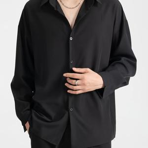 남성용 긴소매 단색 비즈니스 셔츠, 폴리에스터 섬유, 우아한 칼라, 신축성 있는 원단, 레귤러 스타일, 싱글 브레스티드, 캐주얼 재킷, 성인 사이즈, 사계절용, 레귤러 핏, 데일리웨어
