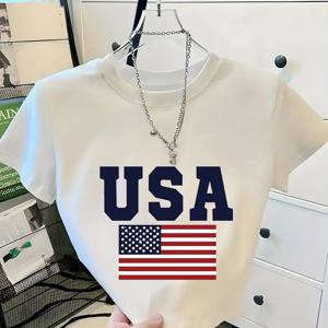 TEMU 1개 Y2K 아메리칸 스트리트 스타일 USA 레터 & 미국 국기 콤비네이션 프린트 여성용 반팔 티셔츠, 간편한 루즈핏 디자인, 데일리 캐주얼 웨어에 적합, 애국심과 트렌디한 감각을 표현