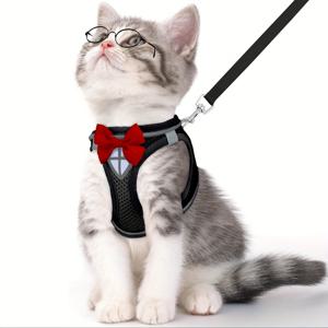 TEMU 고양이 하네스와 가슴줄 세트, 반사 스트립이 있는 부드럽고 통기성 좋은 조끼, 탈출 방지 아기 고양이 하네스, 산책 및 여행용으로 적합