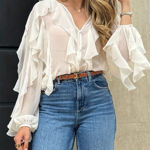 TEMU 여성용 우아한 세미시어 넥 버튼 프론트 블라우스 - 러플 트림 롱 슬리브 셔츠, 솔리드 컬러 (라일락////) - 세탁기 사용 가능 - 오피스 & 세미 포멀 복장용