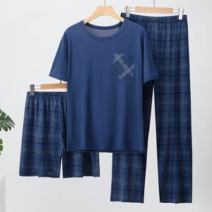 TEMU 남성용 경량 3피스 파자마 세트, 반팔 상의 + 반바지/바지 선택 가능, 봄 여름 가을용 격자무늬 파자마 세트